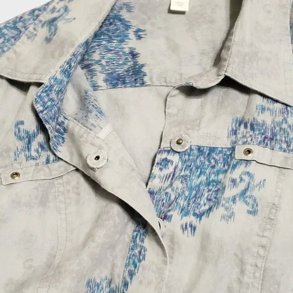 Coldwater Creek Womens 14 Gray Blue Floral Ikat 100% Linen Snap Button Jacket - Picture 6 of 13